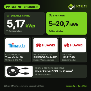 5,17 kWp PV-Set mit Speicher – 11x Trina Vertex S+ 470 Wp + Huawei SUN2000-5K-MAP0 + LUNA2000, Speicher wählbar