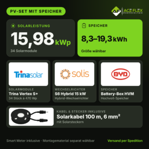 15,98 kWp PV-Set mit Speicher – 34x Trina Vertex S+ 470 Wp + Solis S6 Hybrid 15 kW + BYD HVM+, Speicher wählbar