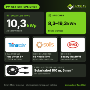 10,3 kWp Photovoltaik-Set mit Speicher | 22x Trina Vertex S+ 470 Wp + Solis S6 Hybrid 10.0 + BYD Battery-Box HVM, Speicher wählbar